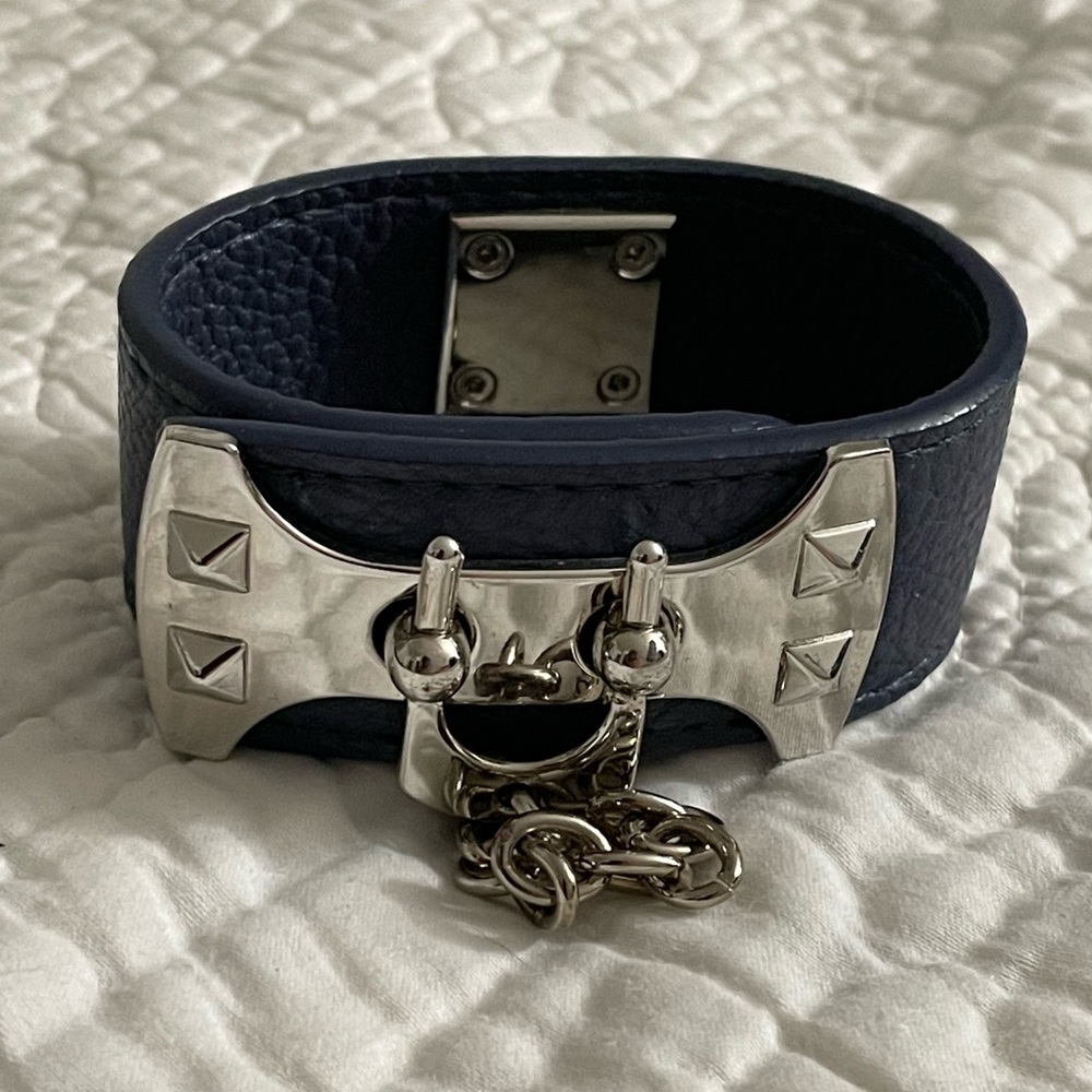 BCBGMaxazria, Toggle bracelet cuff with chain and navy leather